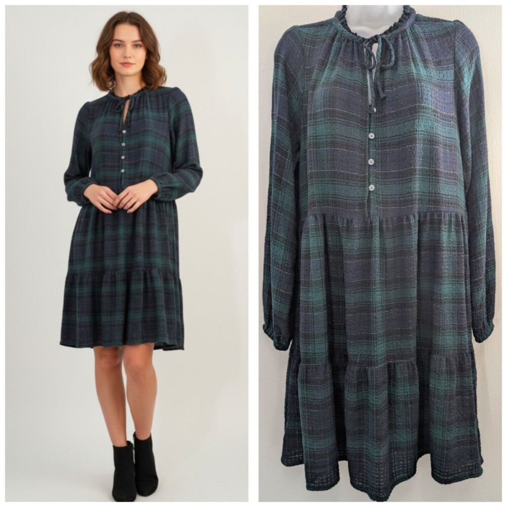 Loft Dress Small Shimmer Plaid Tiered Swing Pockets Oversized 36" Long MSRP 69$